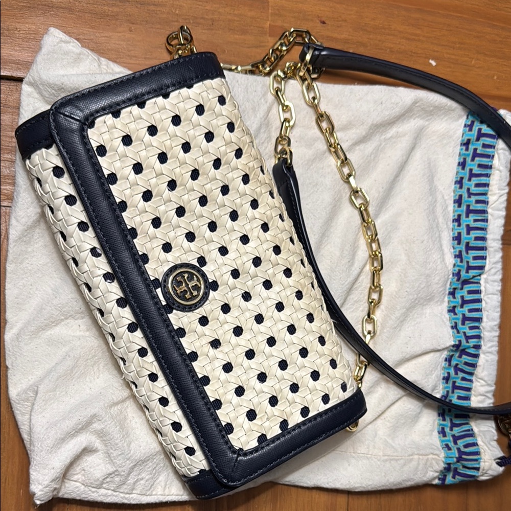 Tory Burch Black and Cream Woven Crossbody